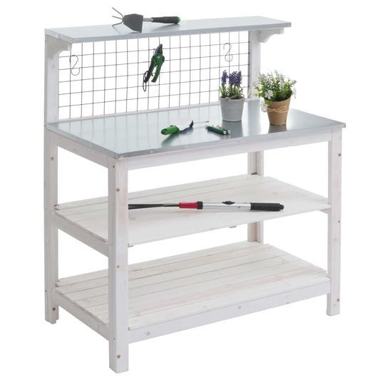 Cosmo Casa - Plantentafel - Tuinmanstafel - Bloementafel - Plantenplank - FSC-gecertificeerd Hout - Gegalvaniseerde Plaat - 117x102x56cm - Wit