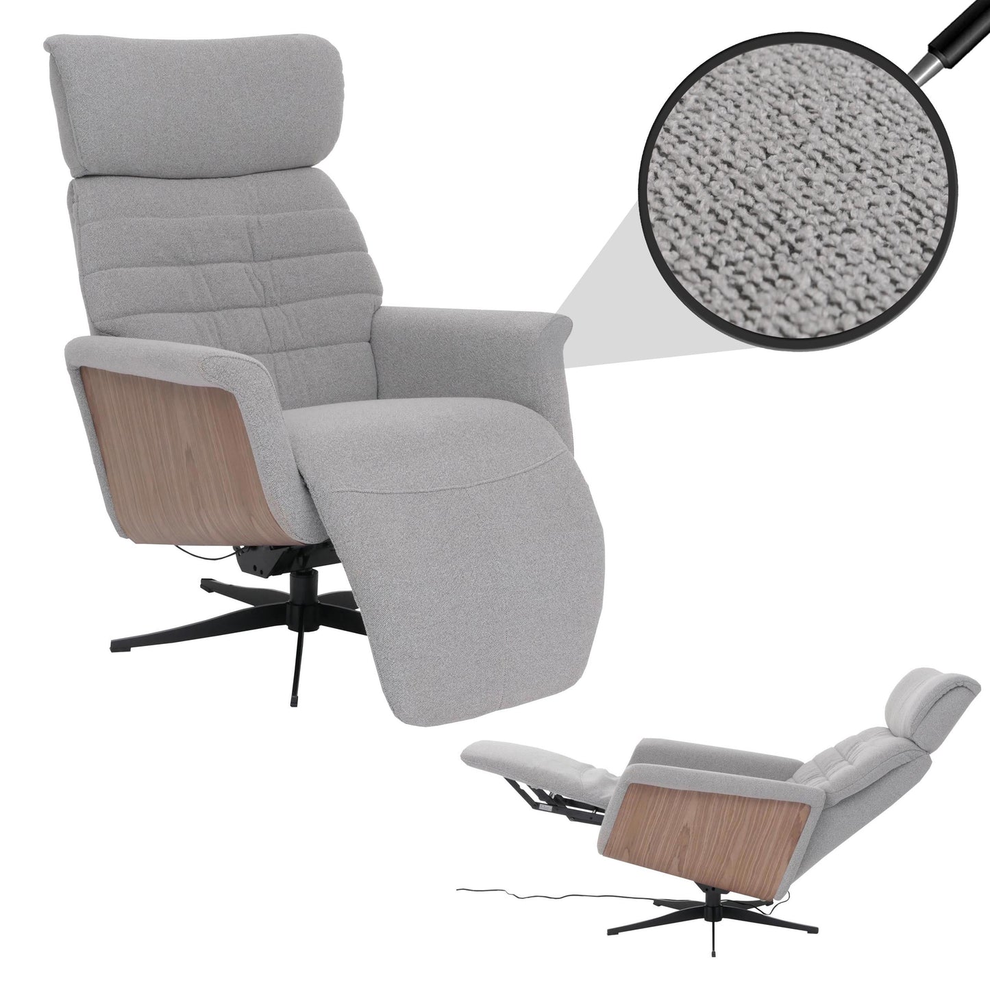 Cosmo Casa - Relaxfauteuil - TV Stoel - Fauteuil - Voetsteun - Draaibaar - Boucléhout Stof - Grijs - Hout Walnootlook