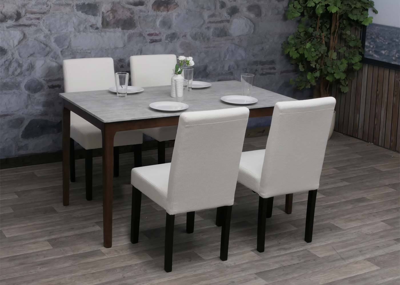 Cosmo Casa - Set van 4 Littau Eetkamerstoelen - Keukenstoelen met Hoge Rugleuning - Koordhout Stof - Crème - Donkere Poten