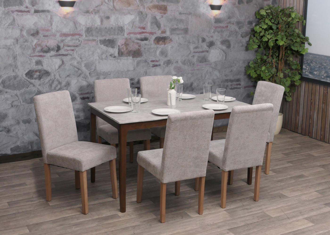 Cosmo Casa - Set van 2 Littau Eetkamerstoelen - Keukenstoelen met Hoge Rugleuning - Chenillehout Stof - Lichtgrijs - Naturelkleurige Poten