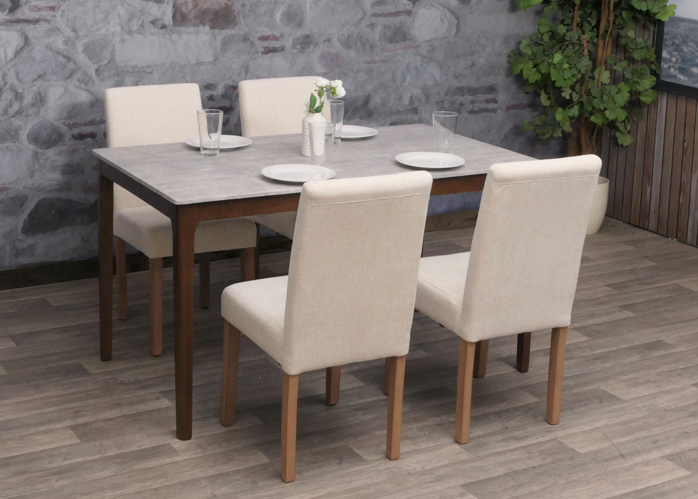 Cosmo Casa - Set van 4 Littau Eetkamerstoelen - Keukenstoelen met Hoge Rugleuning - Chenillehout Stof - Crème - Naturelkleurige Poten