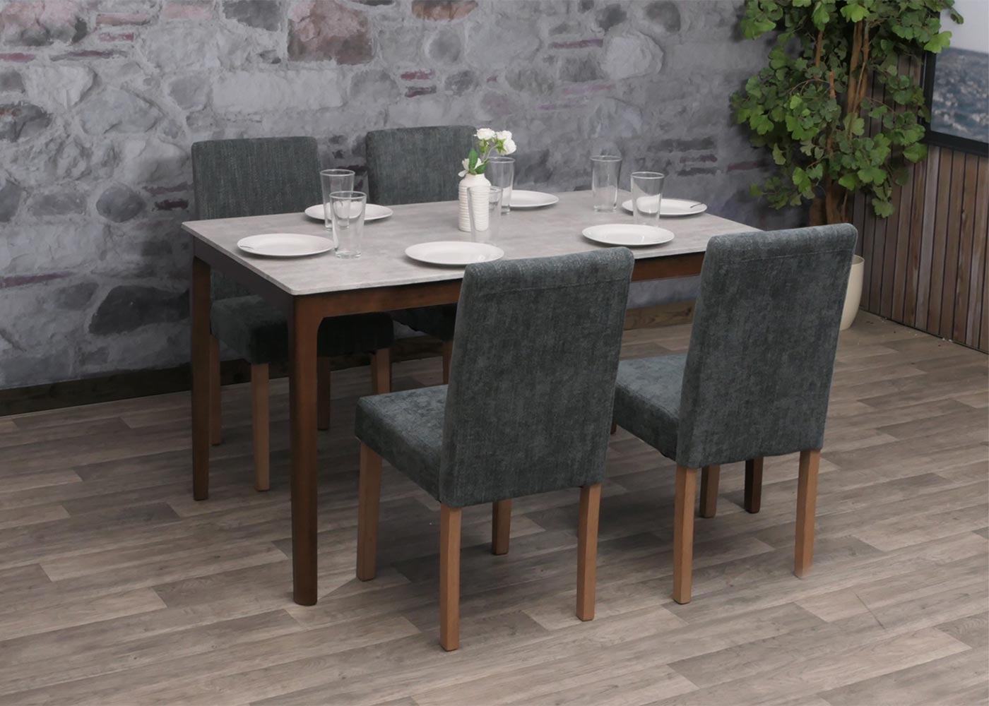 Cosmo Casa - Set van 4 Littau Eetkamerstoelen - Keukenstoelen met Hoge Rugleuning - Chenille Stof - Donkergrijs - Naturelkleurige Poten