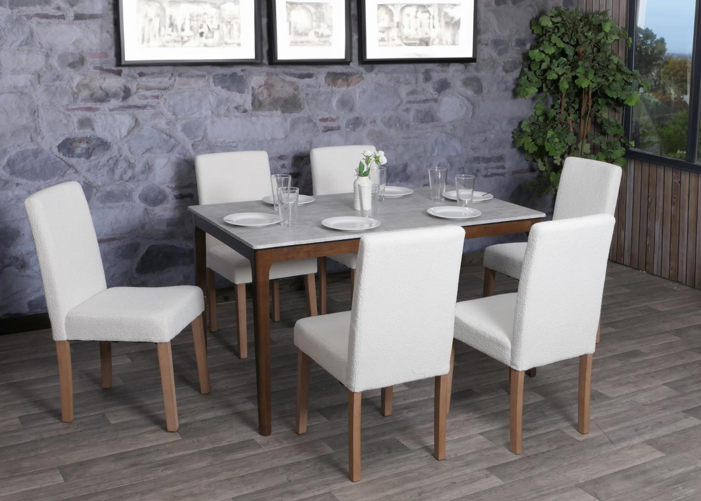 Cosmo Casa - Set van 4 Littau Eetkamerstoelen - Keukenstoelen met Hoge Rugleuning - Boucléhout Stof - Crème - Naturelkleurige Poten