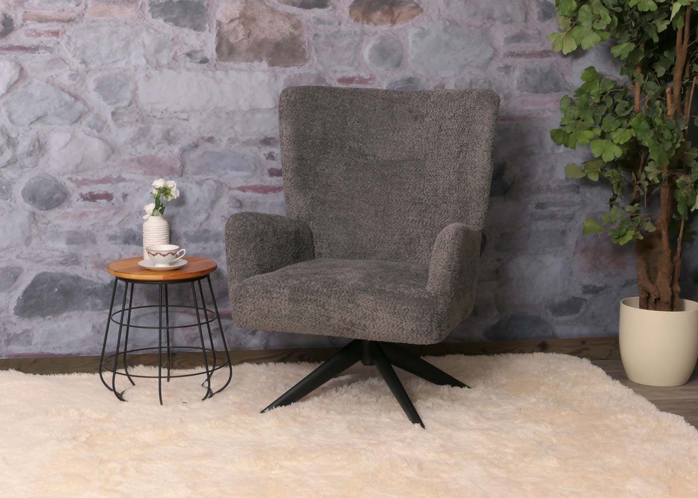 Cosmo Casa - Loungestoel - Cocktailstoel - Gestoffeerde Stoel - Relaxstoel - Draaibaar - Chenille Stof - Metaal - Donkergrijs