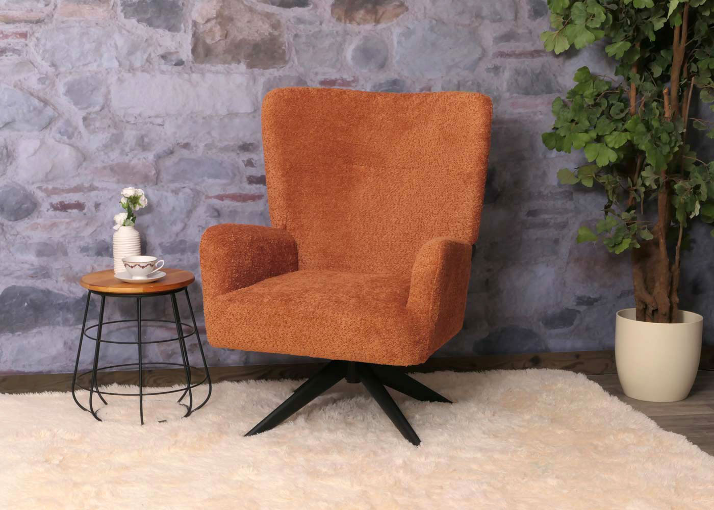 Cosmo Casa - Loungestoel - Cocktailstoel - Gestoffeerde Stoel - Relaxstoel - Draaibaar - Chenille Stof - Metaal - Terracotta