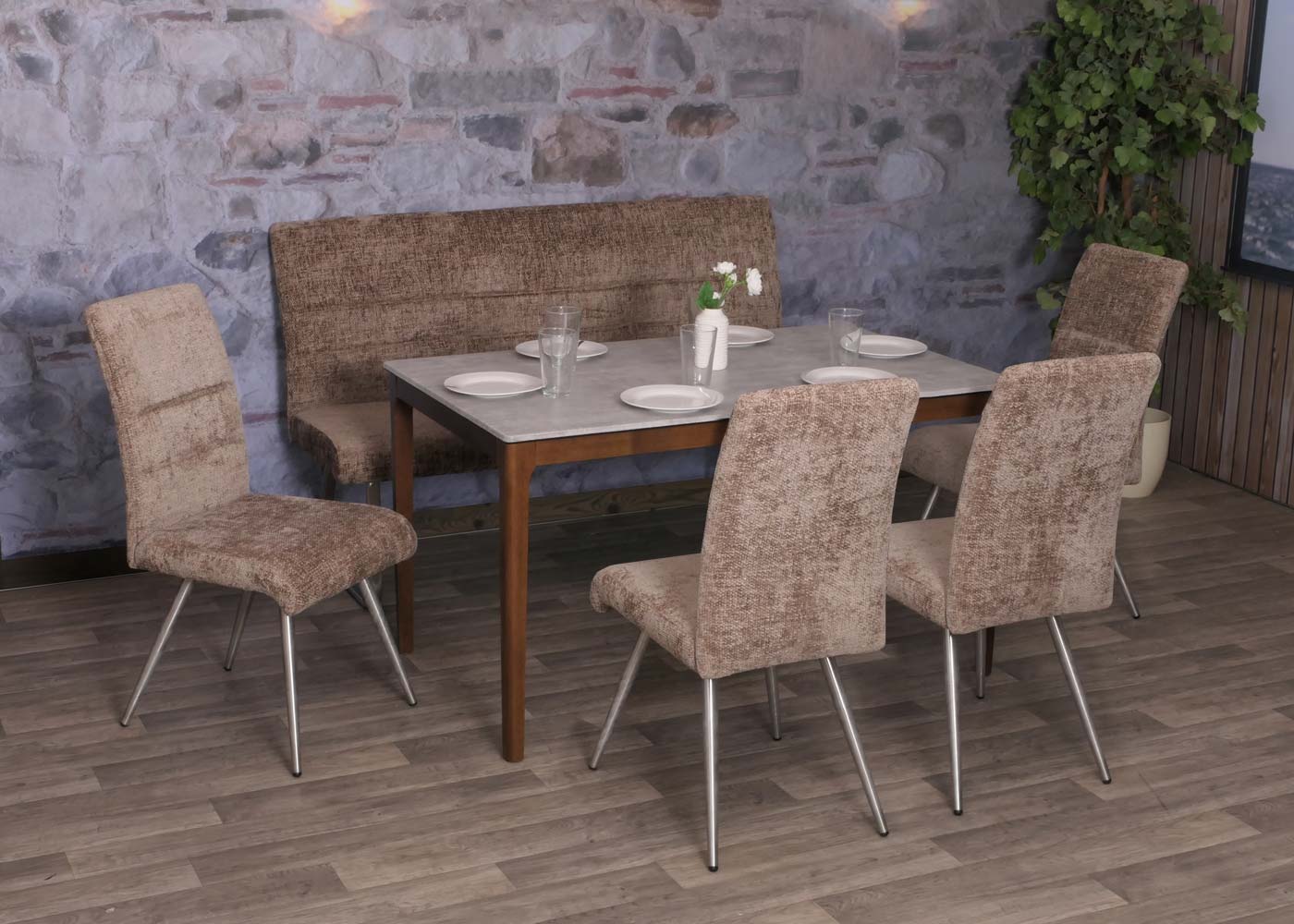 Cosmo Casa - Eetkamerbank 160cm - Geborsteld Roestvrij Staal - Textiel Chenille - Bruin