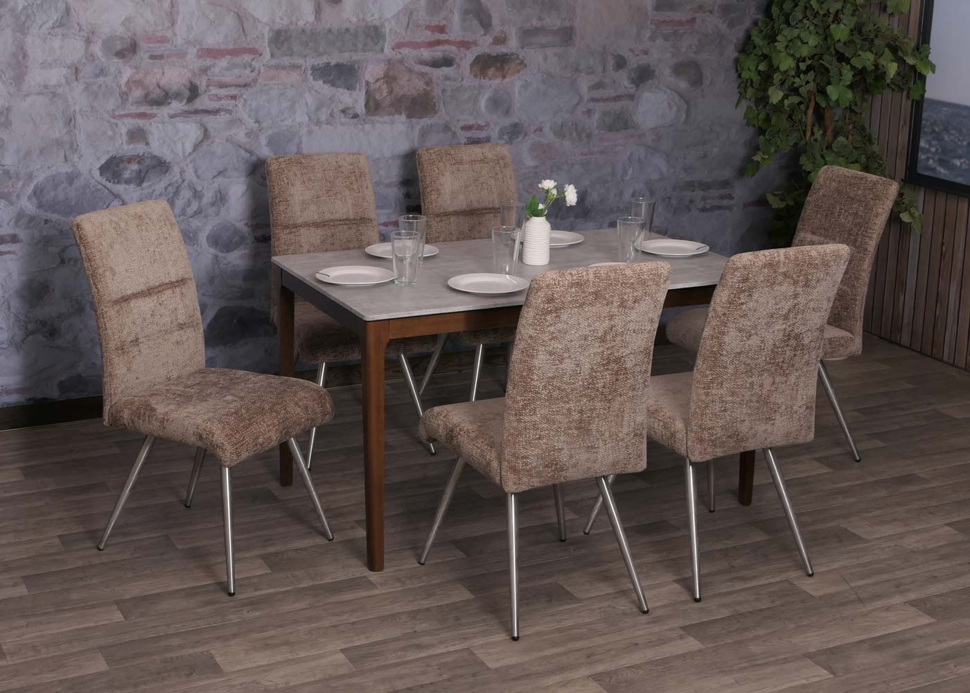 Cosmo Casa - Set van 2 Eetkamerstoelen - Geborsteld Roestvrij Staal - Textiel Chenille - Bruin