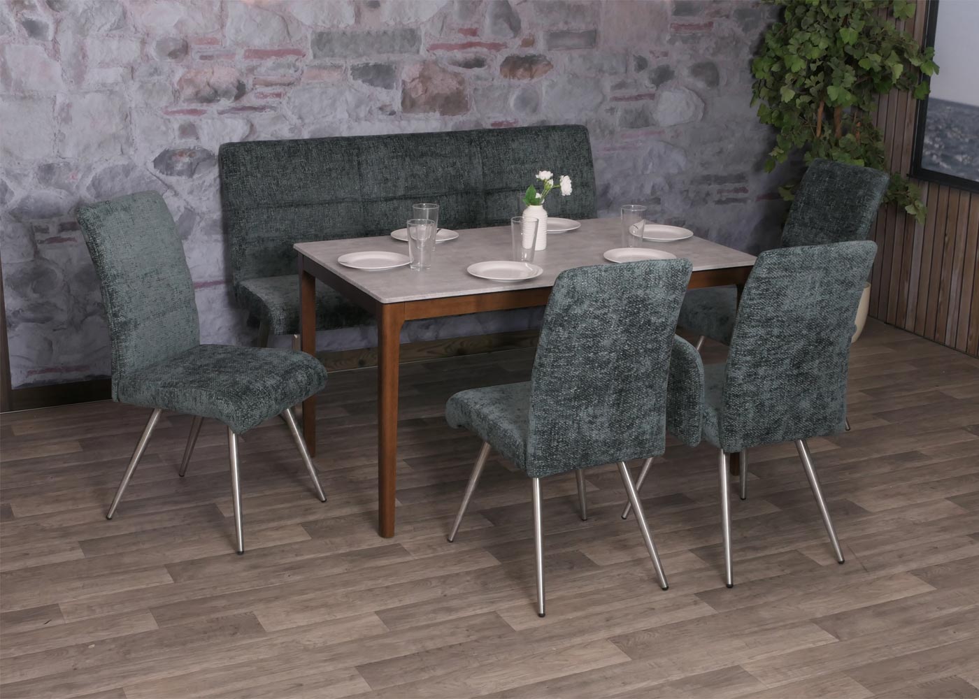 Cosmo Casa - Eetkamerbank 160cm - Geborsteld Roestvrij Staal - Textiel Chenille - Blauwgroen