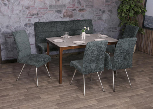 Cosmo Casa - Eetkamerbank 160cm - Geborsteld Roestvrij Staal - Textiel Chenille - Blauwgroen