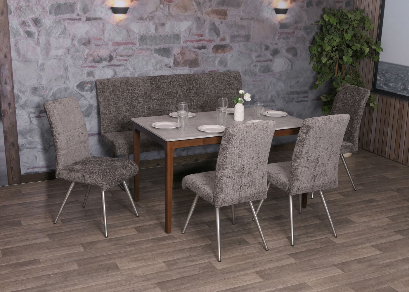 Cosmo Casa - Eetkamerbank 160cm - Geborsteld Roestvrij Staal - Textiel Chenille - Donkergrijs