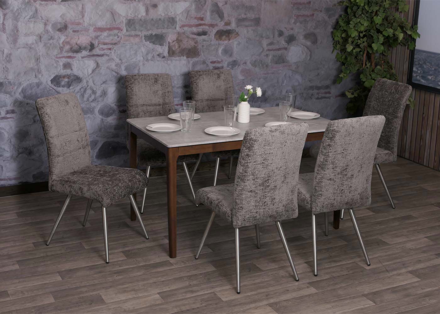 Cosmo Casa - Set van 2 Eetkamerstoelen - Geborsteld Roestvrij Staal - Textiel Chenille - Donkergrijs