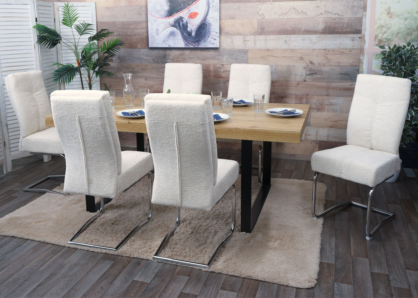 Cosmo Casa - Set van 2 Eetkamerstoelen - Sledestoel & Fauteuil - Metaal - Chenille Stof - Crème