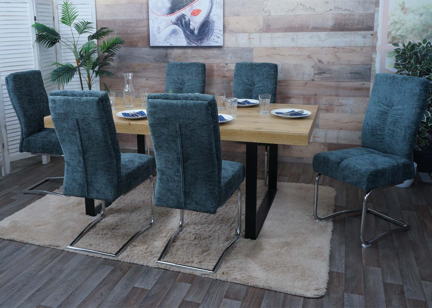 Cosmo Casa - Set van 2 Eetkamerstoelen - Sledestoel & Fauteuil - Metaal - Chenille Stof - Blauwgroen