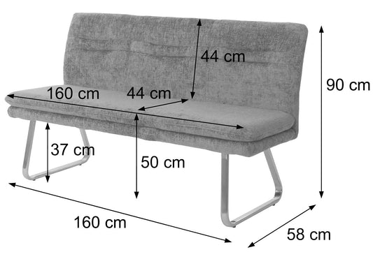 Cosmo Casa - Bank - Eetkamerbank - Gestoffeerde Bank - Rugleuning - Chenille Stof - Geborsteld Roestvrij Staal - 160cm - Donkergrijs