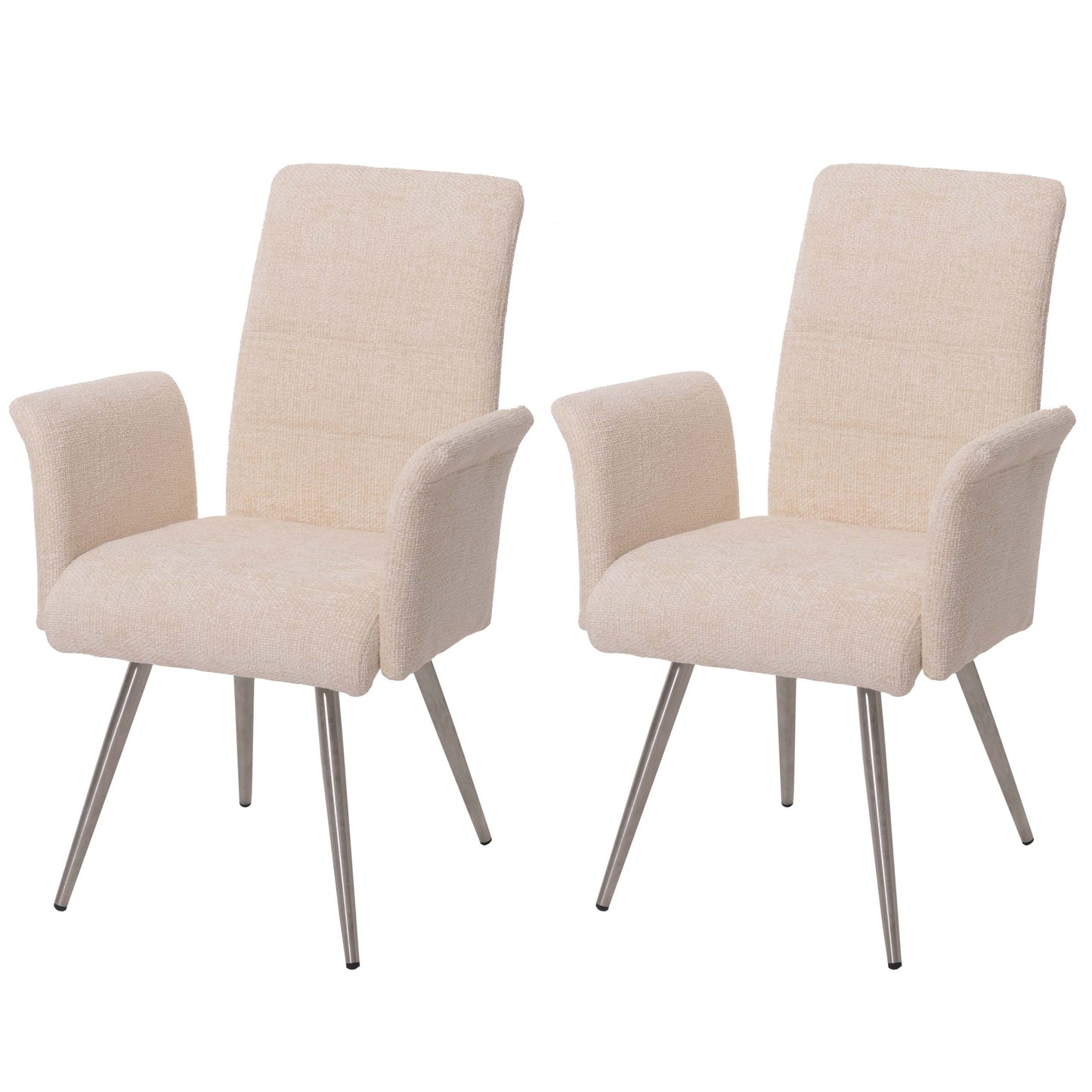 Cosmo Casa - Set van 2 Eetkamerstoelen met Armleuningen - Geborsteld Roestvrij Staal - Textiel Chenille - Crème