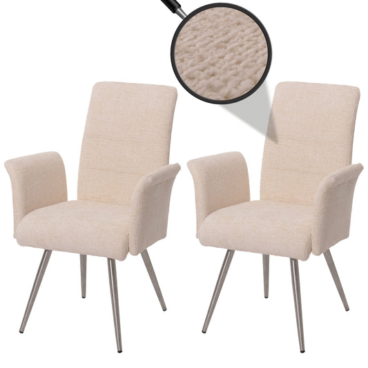 Cosmo Casa - Set van 2 Eetkamerstoelen met Armleuningen - Geborsteld Roestvrij Staal - Textiel Chenille - Crème