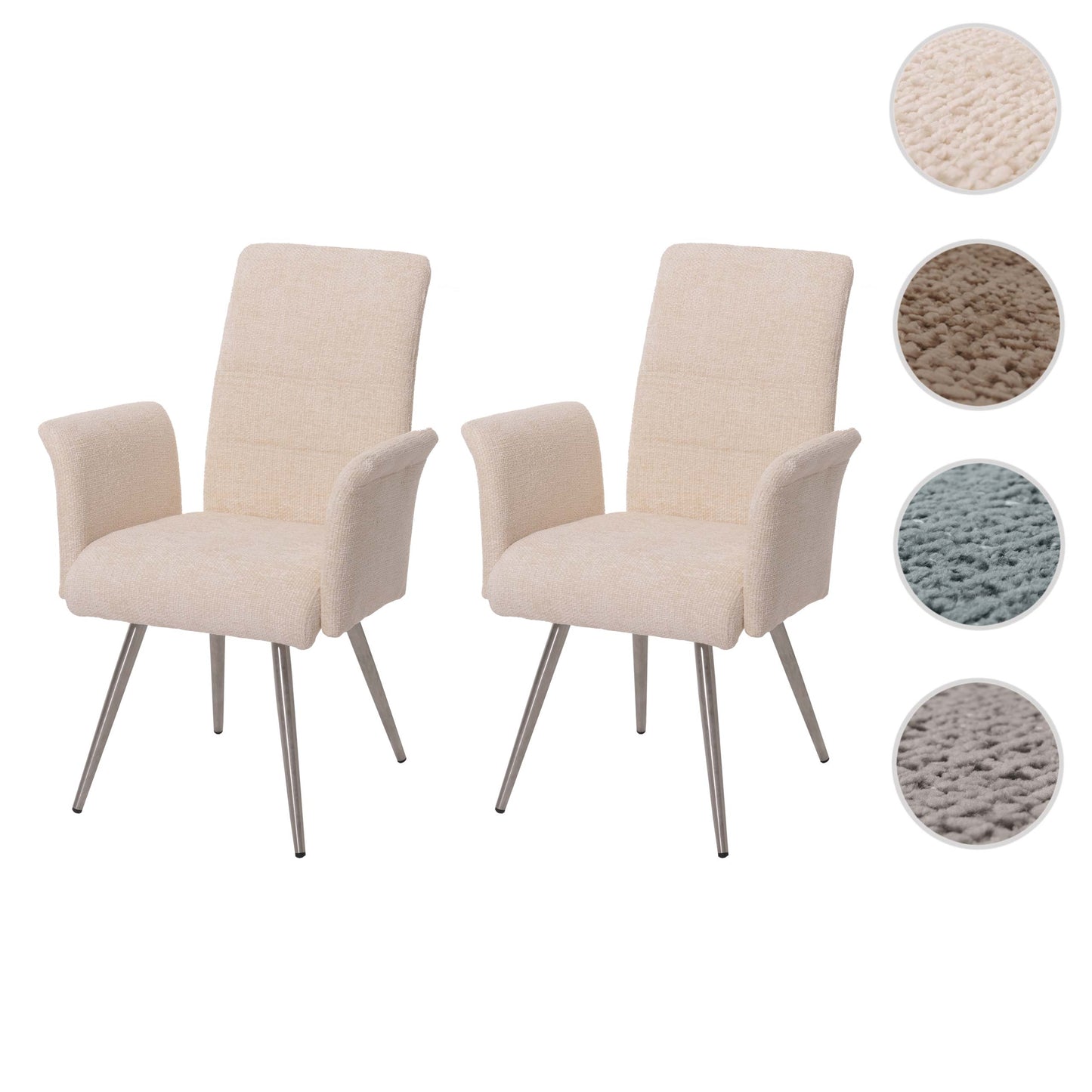Cosmo Casa - Set van 2 Eetkamerstoelen met Armleuningen - Geborsteld Roestvrij Staal - Textiel Chenille - Crème
