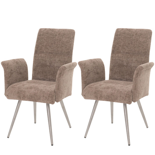 Cosmo Casa - Set van 2 Eetkamerstoelen met Armleuningen - Geborsteld Roestvrij Staal - Textiel Chenille - Bruin