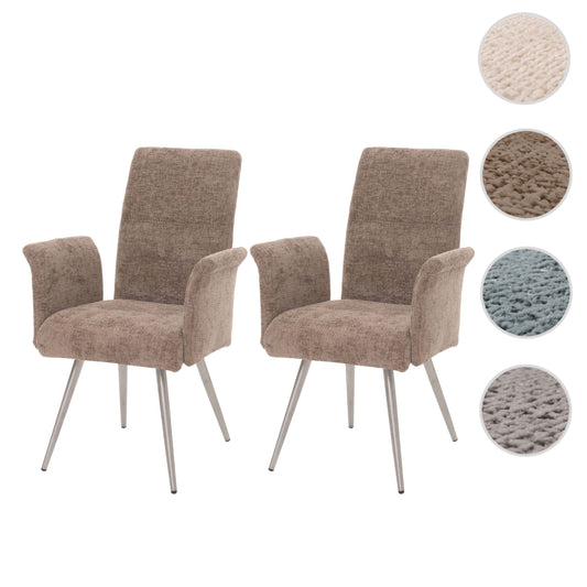 Cosmo Casa - Set van 2 Eetkamerstoelen met Armleuningen - Geborsteld Roestvrij Staal - Textiel Chenille - Bruin