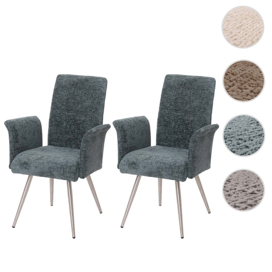 Cosmo Casa - Set van 2 Eetkamerstoelen met Armleuningen - Geborsteld Roestvrij Staal - Textiel Chenille - Blauwgroen