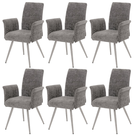 Cosmo Casa - Set van 6 Eetkamerstoelen met Armleuningen - Geborsteld Roestvrij Staal - Textiel Chenille - Donkergrijs