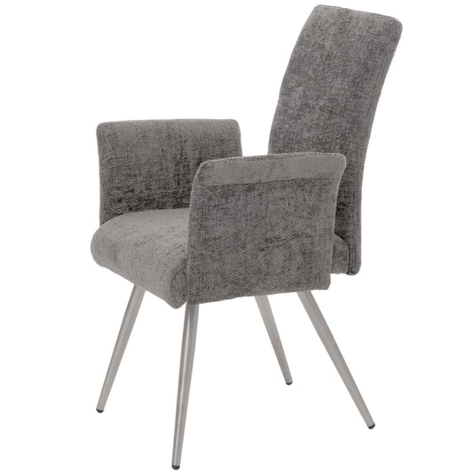 Cosmo Casa - Set van 2 Eetkamerstoelen met Armleuningen - Geborsteld Roestvrij Staal - Textiel Chenille - Donkergrijs