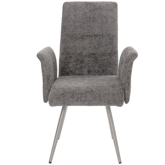 Cosmo Casa - Set van 2 Eetkamerstoelen met Armleuningen - Geborsteld Roestvrij Staal - Textiel Chenille - Donkergrijs