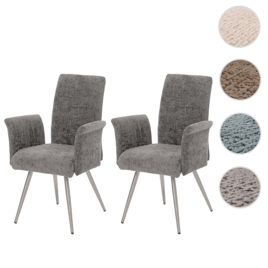 Cosmo Casa - Set van 2 Eetkamerstoelen met Armleuningen - Geborsteld Roestvrij Staal - Textiel Chenille - Donkergrijs