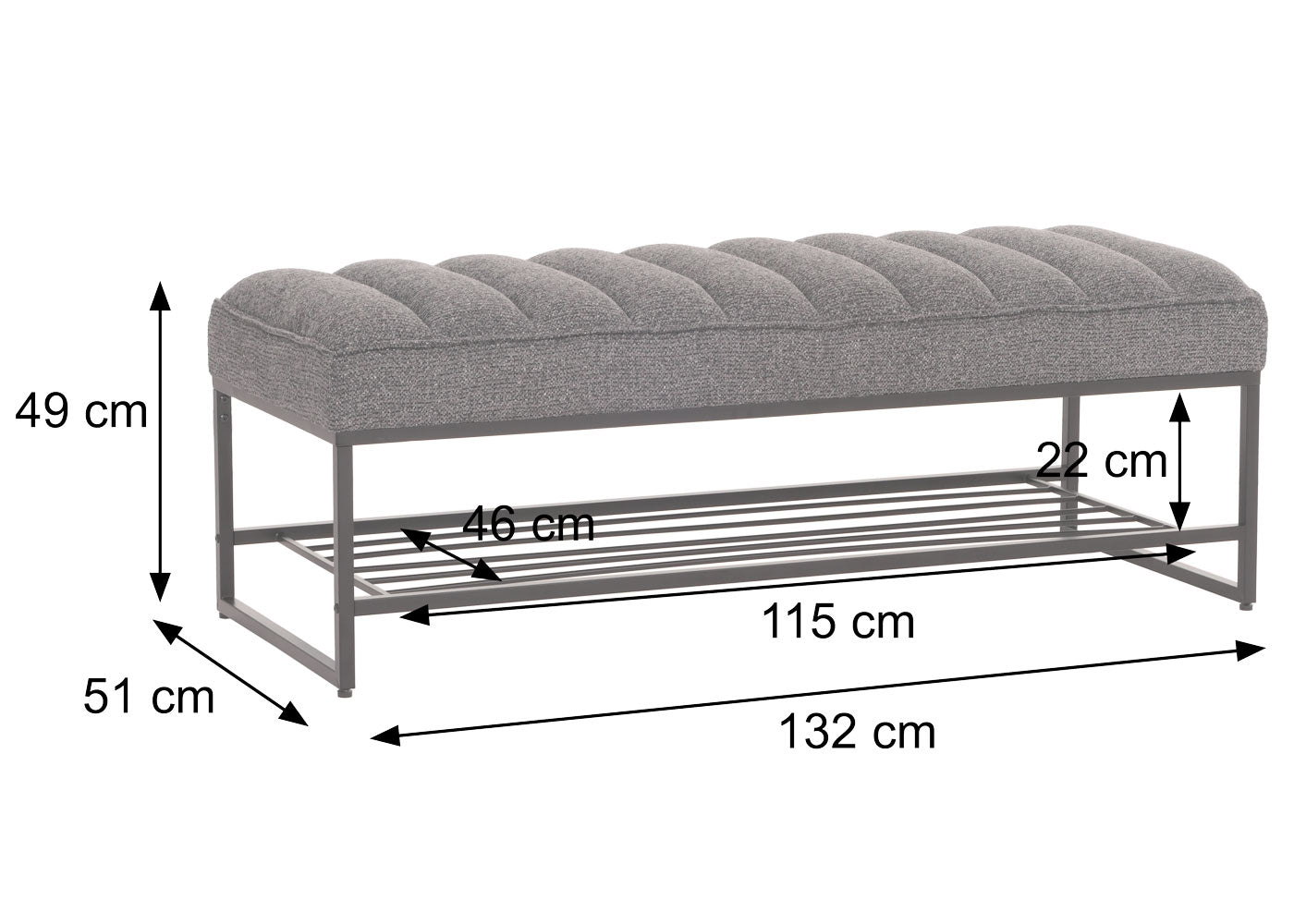 Cosmo Casa - Bank met Schoenenrek - Gestoffeerd - Garderobebank - Chenille Stof - Metaal - 130cm - Donkergrijs