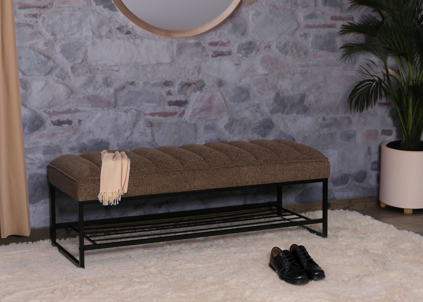 Cosmo Casa - Bank met Schoenenrek - Gestoffeerd - Garderobebank - Chenille Stof - Metaal - 130cm - Koffie