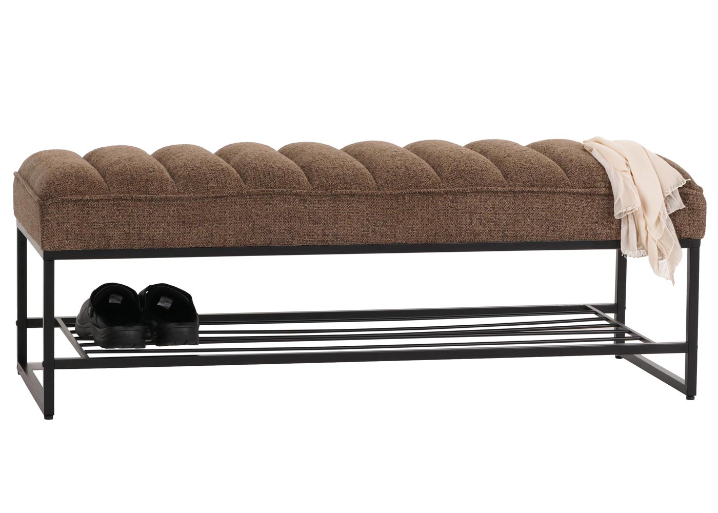 Cosmo Casa - Bank met Schoenenrek - Gestoffeerd - Garderobebank - Chenille Stof - Metaal - 130cm - Koffie