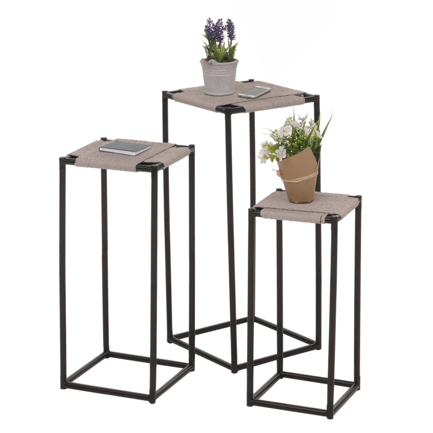 Cosmo Casa - Set van 3 Bloementafels - Stapelbaar Ontwerp - Metaal Papiertouw - Grijs