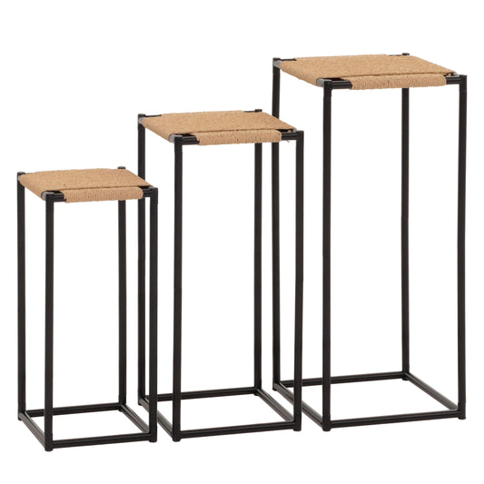 Cosmo Casa - Set van 3 Bloementafels - Stapelbaar Ontwerp - Metaal Papiertouw - Natuurlijke Kleur