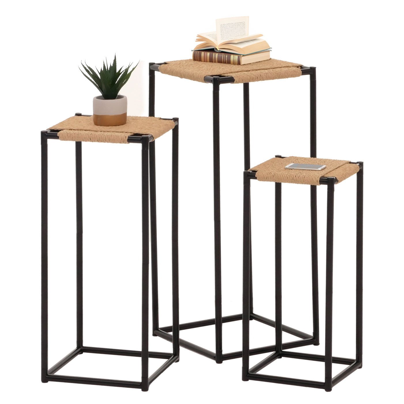 Cosmo Casa - Set van 3 Bloementafels - Stapelbaar Ontwerp - Metaal Papiertouw - Natuurlijke Kleur