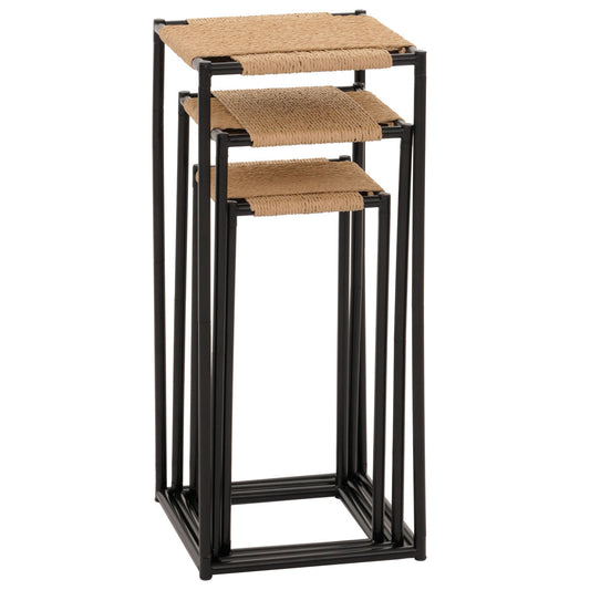 Cosmo Casa - Set van 3 Bloementafels - Stapelbaar Ontwerp - Metaal Papiertouw - Natuurlijke Kleur