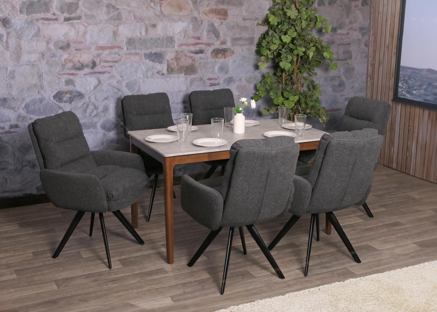 Cosmo Casa - Eetkamerstoel met Armleuningen - Draaibaar Auto-positie - Bouclé Stof - Donkergrijs