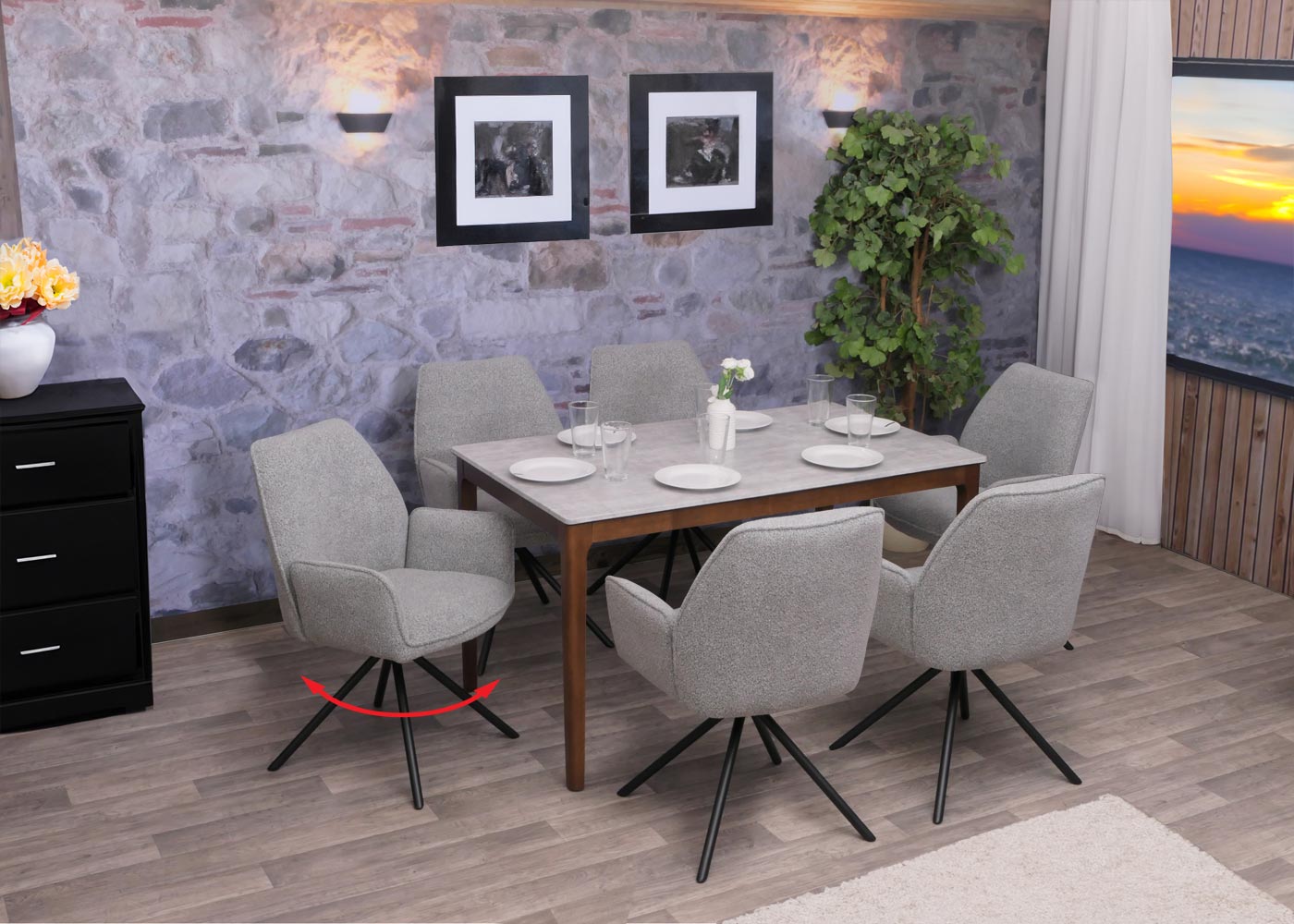 Cosmo Casa - Eetkamerstoel - Keukenstoel met Armleuning - Draaibaar - Automatische Positie - Bouclé Stof - Lichtgrijs