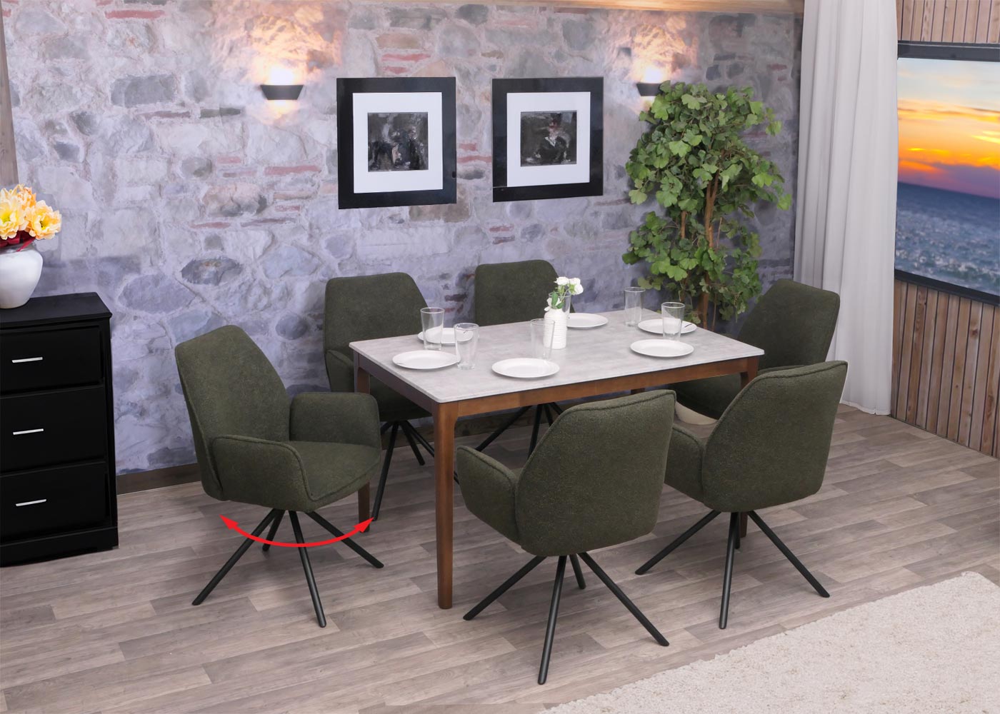 Cosmo Casa - Eetkamerstoel - Keukenstoel met Armleuning - Draaibaar - Automatische Positie - Bouclé Stof - Olijfgroen