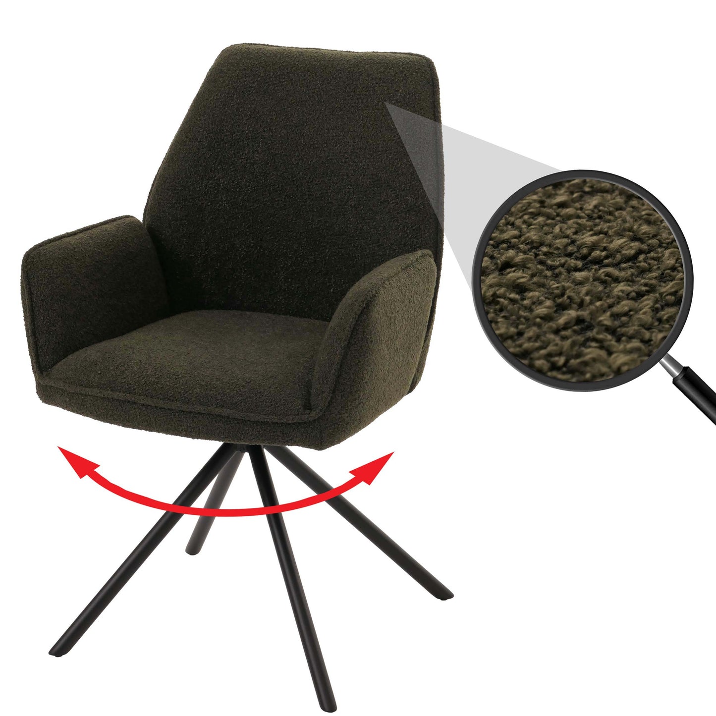 Cosmo Casa - Eetkamerstoel - Keukenstoel met Armleuning - Draaibaar - Automatische Positie - Bouclé Stof - Olijfgroen