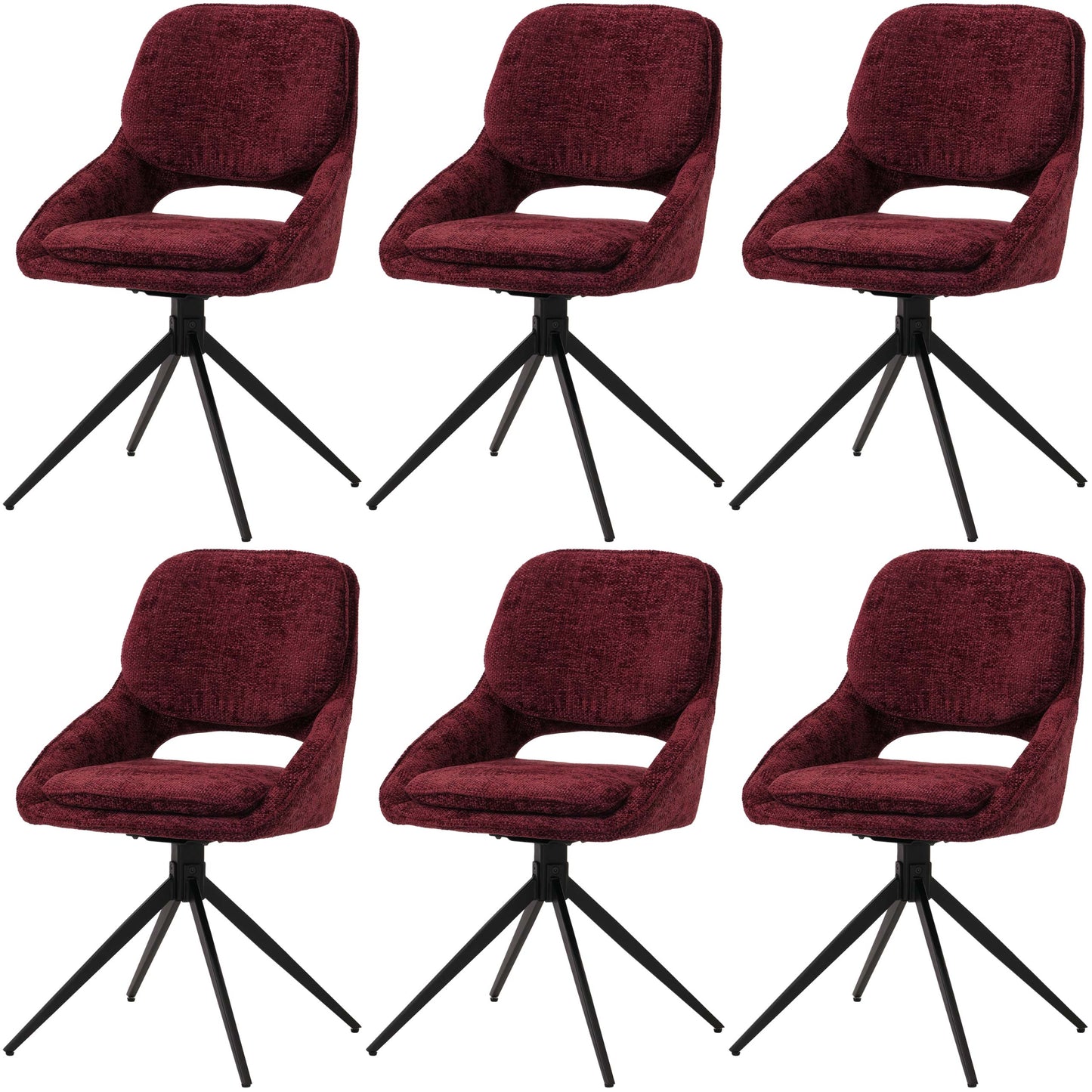 Cosmo Casa - Set van 6 Eetkamerstoelen - Keukenstoel - Draaibaar Auto-Return - Chenille Stof - Bordeaux