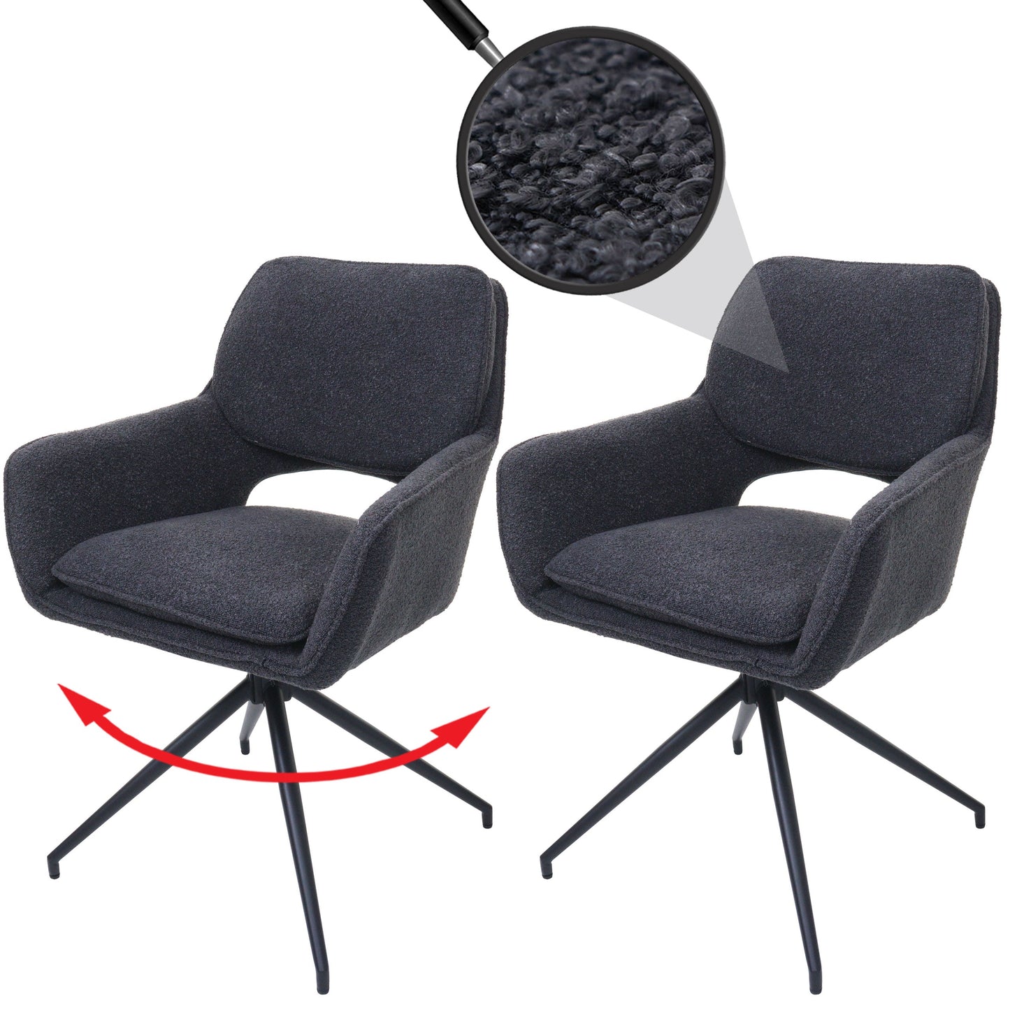 Cosmo Casa - Set van 2 Eetkamerstoelen - Keukenstoel - Draaibaar met Auto-Return - Boucle Stof - Donkergrijs