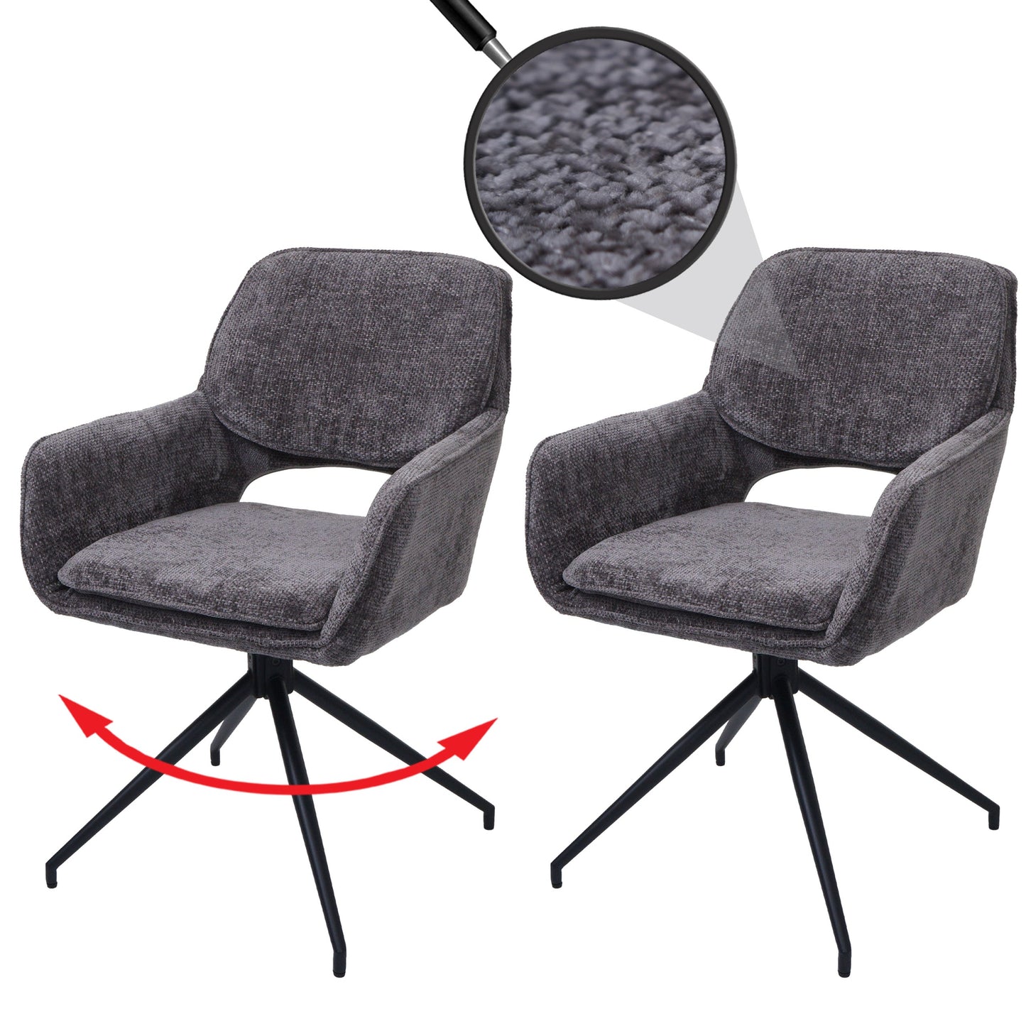 Cosmo Casa - Set van 2 Eetkamerstoelen - Keukenstoel - Draaibaar met Auto-Return - Chenille Stof - 490gm - Donkergrijs