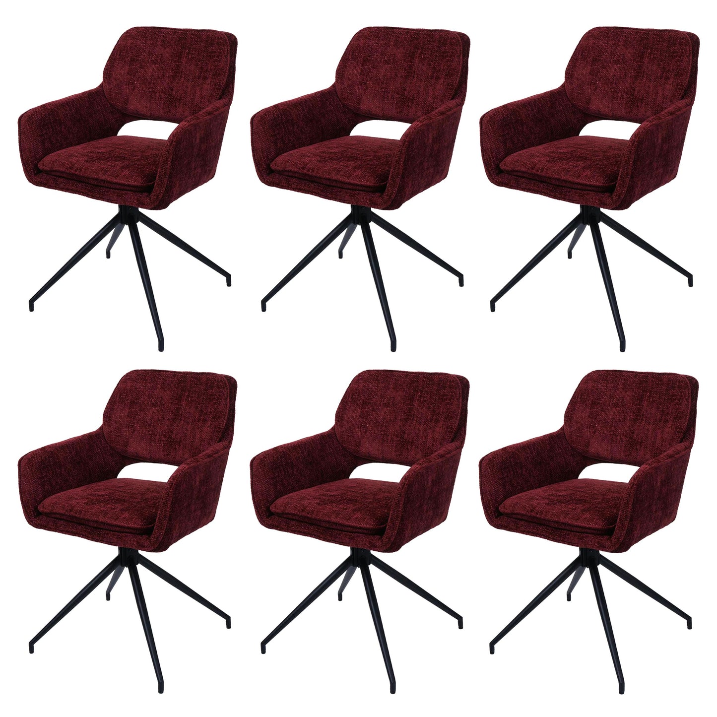 Cosmo Casa - Set van 6 Eetkamerstoelen - Keukenstoel - Draaibaar met Auto-Return - Chenille Stof - Bordeaux