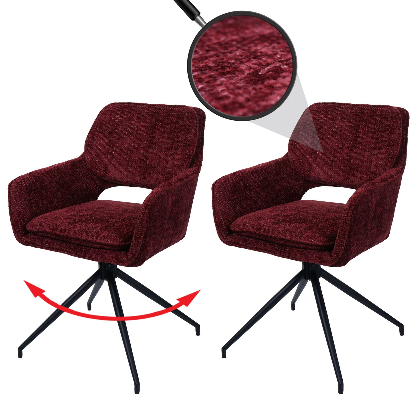 Cosmo Casa - Set van 2 Eetkamerstoelen - Keukenstoel - Draaibaar met Auto-Return - Chenille Stof - Bordeaux