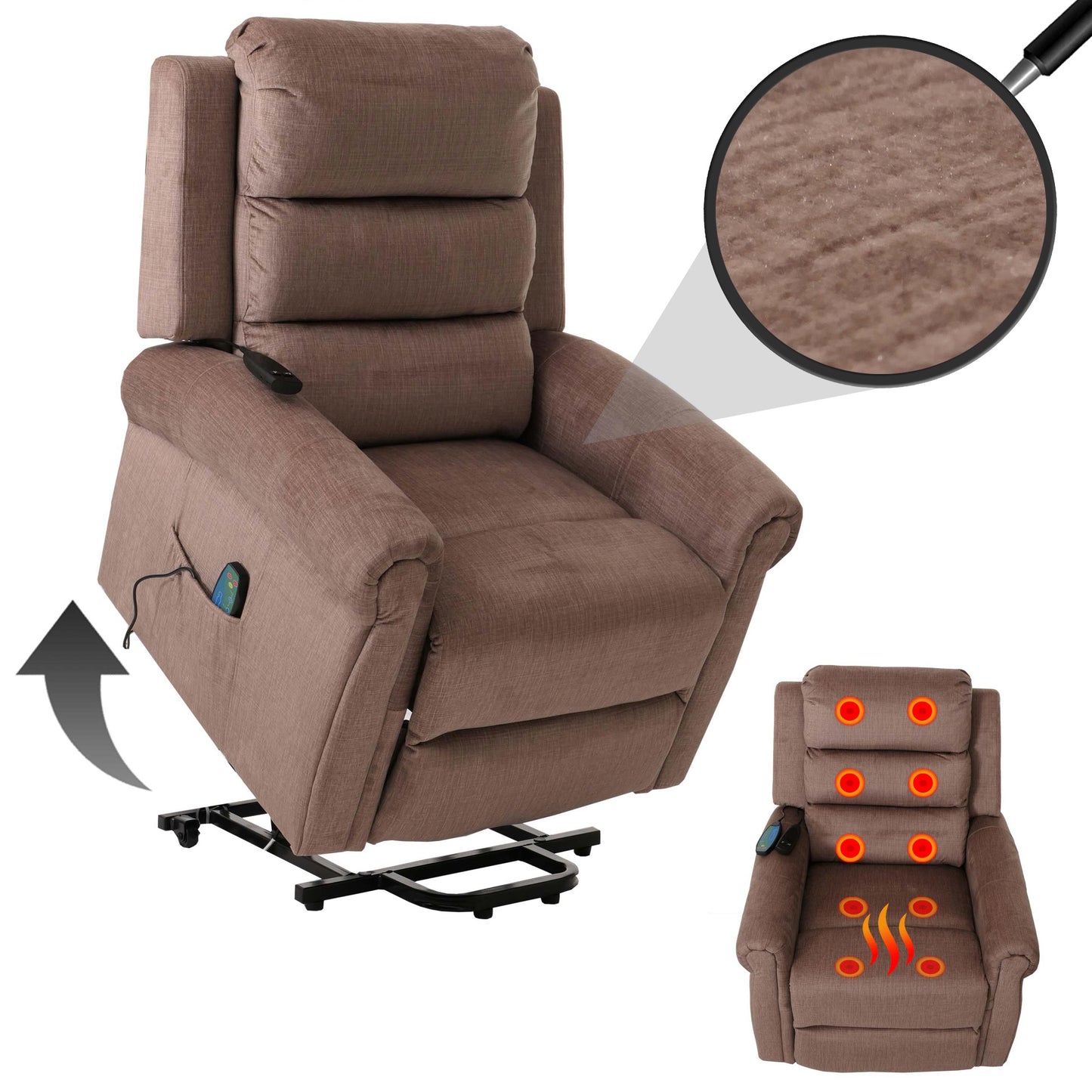 Cosmo Casa - TV-Relaxstoel - Relaxfauteuil met Ligfunctie, Sta-Op-Hulp, Massage en Verwarming - Chenille Textiel - Bruin