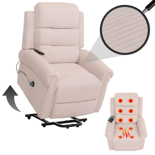 Cosmo Casa - TV-Stoel - Relaxfauteuil met Ligfunctie en Opstahulp - Massage en Verwarming - Snoer Stof - Crèmewit
