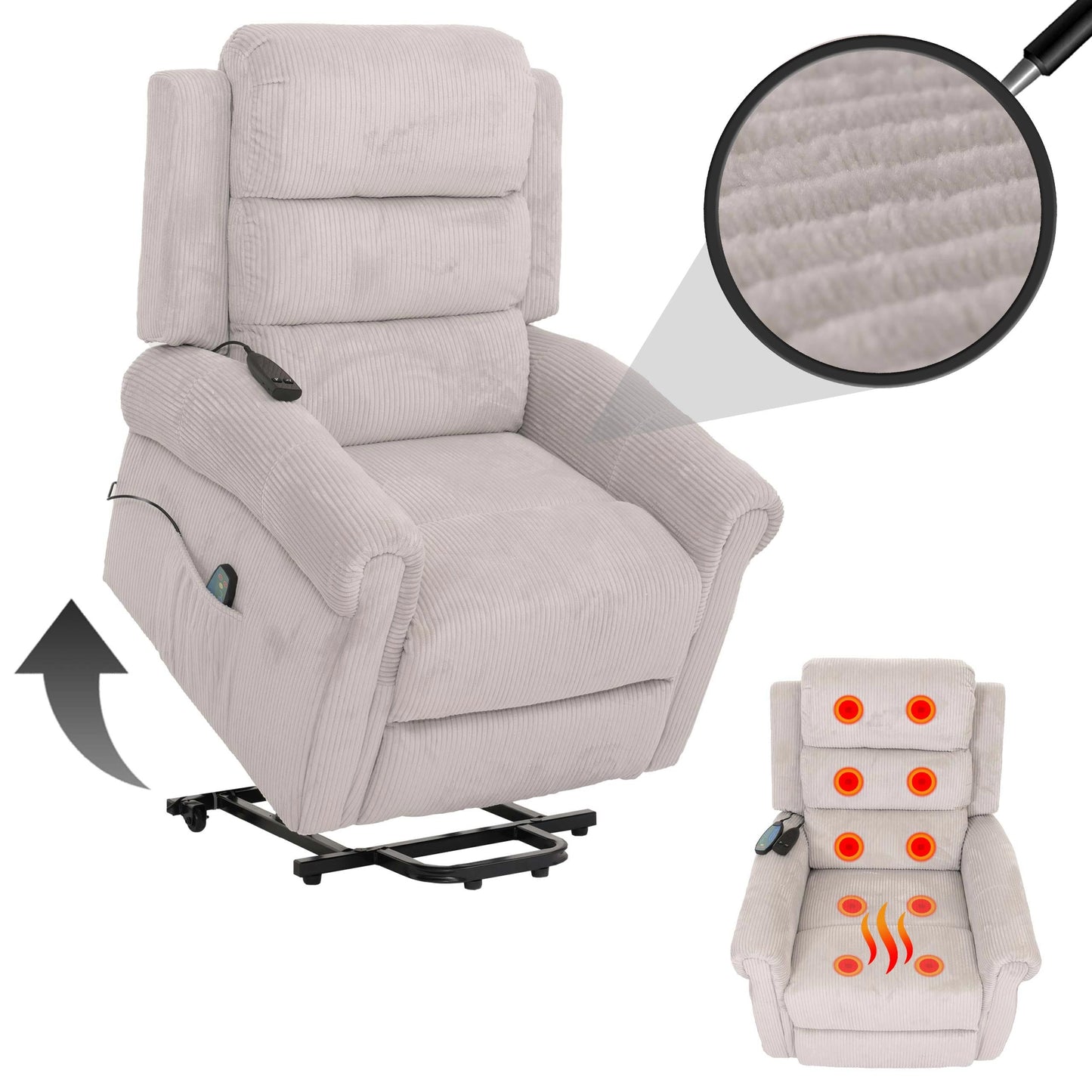 Cosmo Casa - TV-Stoel - Relaxfauteuil met Ligfunctie en Opstahulp - Massage en Verwarming - Corduroy Stof - Lichtgrijs