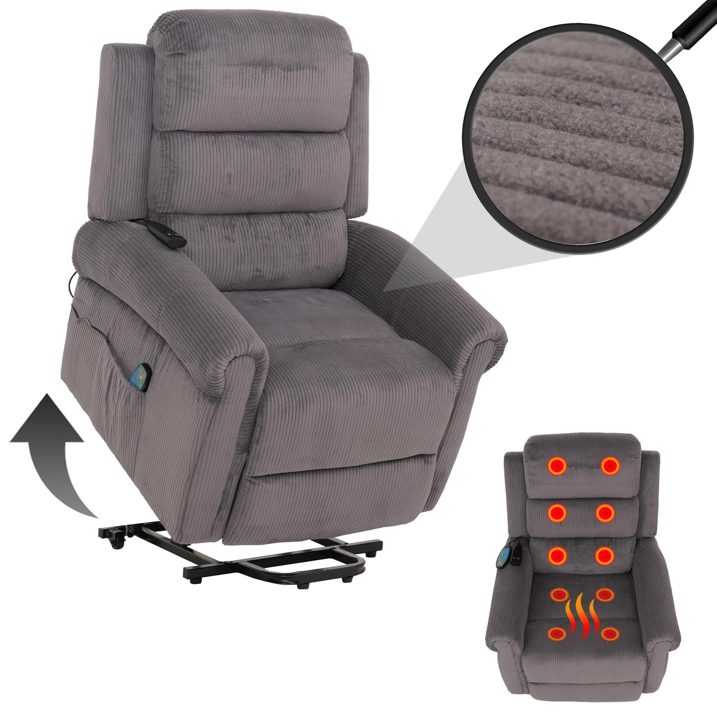 Cosmo Casa - TV-Stoel - Relaxfauteuil met Ligfunctie en Opstahulp - Massage en Verwarming - Corduroy Stof - Donkergrijs