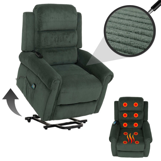 Cosmo Casa - TV-Stoel - Relaxfauteuil met Ligfunctie en Opstahulp - Massage en Verwarming - Snoer Stof - Groen