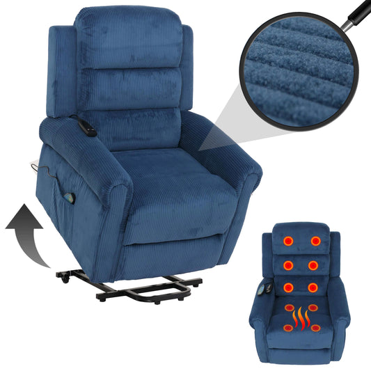 Cosmo Casa - TV-Stoel - Relaxfauteuil met Ligfunctie en Opstahulp - Massage en Verwarming - Snoer Stof - Blauw